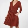 Promo 🛒 Zenana Dark Rust Surplice Three-Quarter Sleeve Pocket A-Line 👗 Dress - 👩 Women 😍