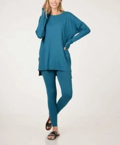 Best deal 🎁 Zenana Teal Slit-Side Crewneck Long-Sleeve Top & Leggings - 👩 Women 😍