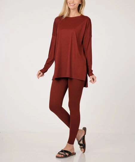 Outlet ๐ฅ Zenana Dark Rust Slit-Side Crewneck Long-Sleeve Top & Leggings - ๐ฉ Women ๐