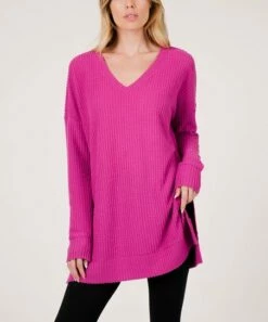 Deals 💯 Zenana Magenta V-Neck Waffle-Knit Top - 👩 Women 💯