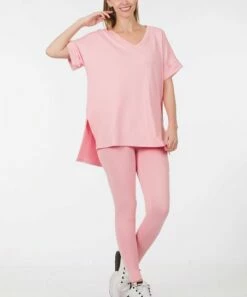 Budget ❤️ Zenana Dusty Pink Side-Slit V-Neck Tee & Leggings - 👩 Women 🥰