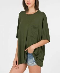 New 🌟 Zenana Army Green Chest-Pocket Oversize Crewneck Tee - 👩 Women & Plus 🎉