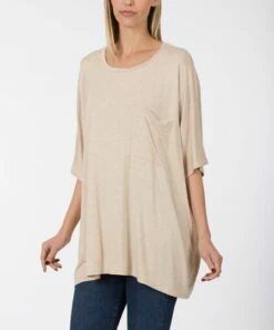 Buy 😉 Zenana Heather Beige Chest-Pocket Oversize Crewneck Tee - 👩 Women & Plus 🧨