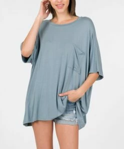 Outlet 😉 Zenana Blue-Gray Chest-Pocket Oversize Crewneck Tee - 👩 Women & Plus 🧨