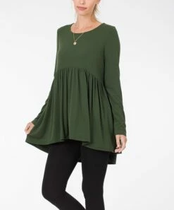 Wholesale 🤩 Zenana Army Green Long-Sleeve Empire-Waist Hi-Low Tunic - 👩 Women & Plus 👍
