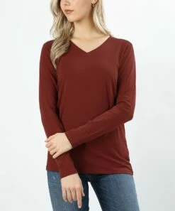 Best Pirce ✔️ Zenana Dark Rust Long-Sleeve V-Neck Tee - 👩 Women & Plus ⭐