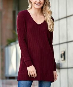 Best Pirce 💯 Zenana Dark Burgundy V-Neck Waffle-Knit Top - 👩 Women ⌛