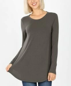 Brand new 🎁 Zenana Ash Gray Long-Sleeve Curved-Hem Tee - 👩 Women 🧨