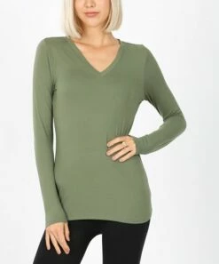Cheapest 😀 Zenana Light Olive V-Neck Long-Sleeve Microfiber Tee - 👩 Women ❤️