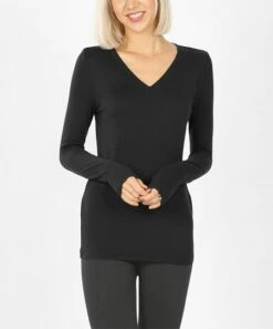 Buy 🎁 Zenana Black V-Neck Long-Sleeve Microfiber Tee - Plus 💯
