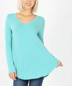 Best Pirce 🎉 Zenana Ash Mint V-Neck Long-Sleeve Curved-Hem Tee - 👩 Women 😀