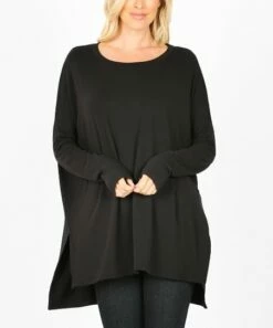 Cheapest 😀 Zenana Black Scoop Neck Long-Sleeve Hi-Low Tunic - 👩 Women 🔥
