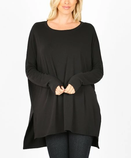 Cheapest π Zenana Black Scoop Neck Long-Sleeve Hi-Low Tunic - π© Women π₯