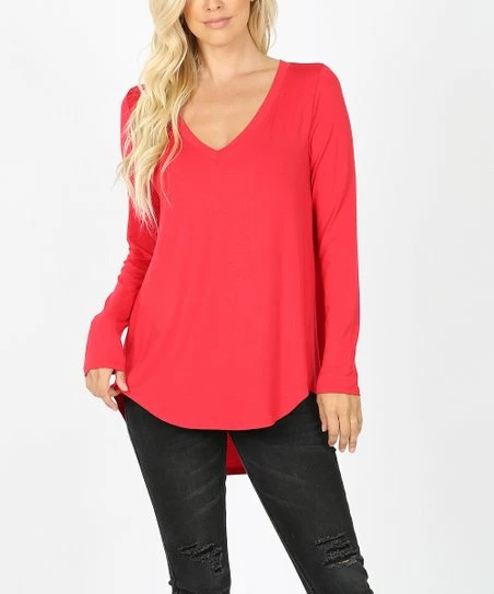 Best deal ๐ Zenana Ruby V-Neck Long-Sleeve Curved-Hem Tee - ๐ฉ Women & Plus โ๏ธ