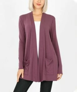Discount 🤩 Zenana Eggplant Pocket Open Cardigan - 👩 Women & Plus ✔️
