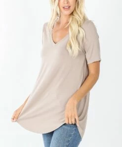 Cheap โ๏ธ Zenana Ash Mocha V-Neck Curved-Hem Tee - ๐ฉ Women โ
