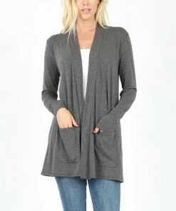 Discount 🎉 Zenana Charcoal Pocket Open Cardigan - 👩 Women ⭐