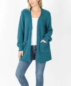 Flash Sale 😀 Zenana Teal Popcorn Puff Sleeve Pocket Open Cardigan - 👩 Women & Plus ✔️