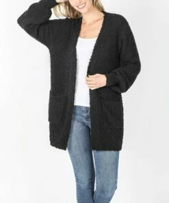 Discount 😉 Zenana Black Popcorn Puff Sleeve Pocket Open Cardigan - Plus ✨