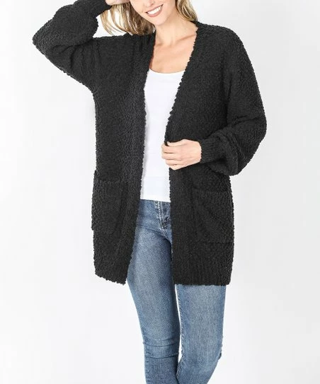 Discount ๐ Zenana Black Popcorn Puff Sleeve Pocket Open Cardigan - Plus โจ