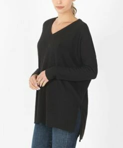 Hot Sale 🧨 Zenana Black V-Neck Waffle-Knit Hi-Low Sweater - 👩 Women 🥰