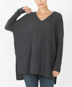Coupon 💯 Zenana Ash Gray V-Neck Waffle-Knit Hi-Low Sweater - 👩 Women 😍