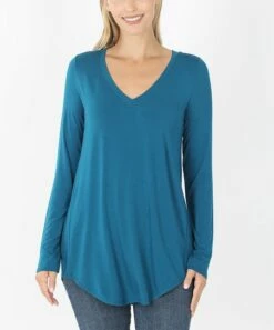 Budget ✨ Zenana Teal V-Neck Long-Sleeve Curved-Hem Tee - 👩 Women 👏