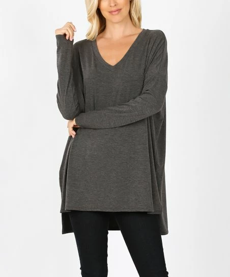 Best Sale โญ Zenana Charcoal V-Neck Long-Sleeve Hi-Low Tunic - ๐ฉ Women & Plus ๐คฉ