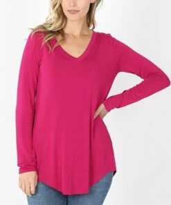 Best reviews of 🎁 Zenana Magenta V-Neck Long-Sleeve Curved-Hem Tee - 👩 Women 🎉