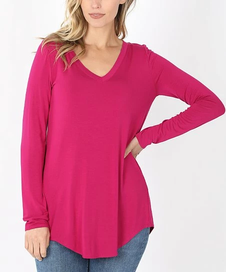 Best reviews of ๐ Zenana Magenta V-Neck Long-Sleeve Curved-Hem Tee - ๐ฉ Women ๐