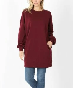 Outlet 😍 Zenana Dark Burgundy Crewneck Side-Pocket Oversize Sweatshirt - Plus 💯