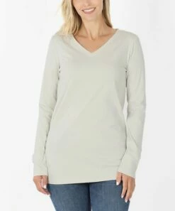 Coupon 🧨 Zenana Bone Long-Sleeve V-Neck Tee - 👩 Women 😉
