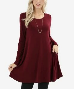 Best deal ✔️ Zenana Dark Burgundy Pocket Long-Sleeve Tunic 👗 Dress - 👩 Women 👍