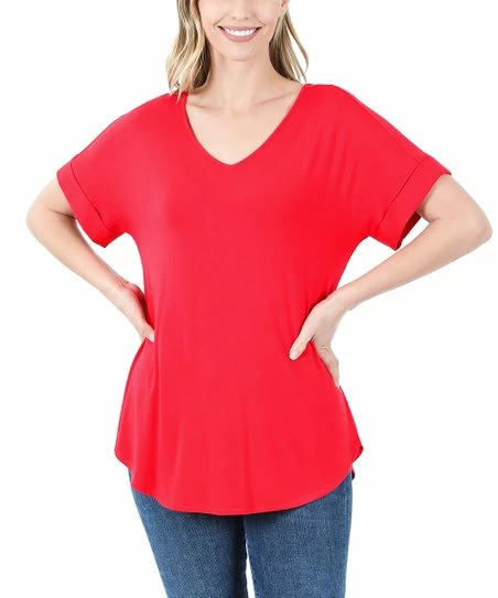 Best reviews of π Zenana Ruby V-Neck Roll-Sleeve Curved-Hem Tee - π© Women π―