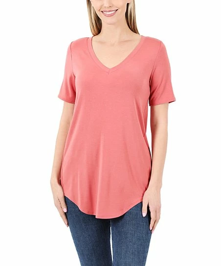 Buy π Zenana Desert Rose V-Neck Curved-Hem Tee - π© Women βοΈ
