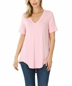 Best deal 🛒 Zenana Dusty Pink V-Neck Curved-Hem Tee - 👩 Women 😀