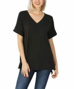 New 💯 Zenana Black Folded-Sleeve V-Neck Hi-Low Tee - 👩 Women 😀