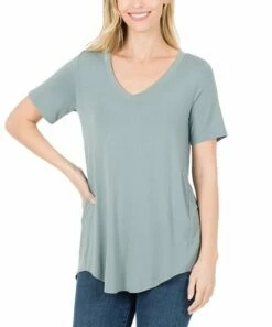 Coupon 👏 Zenana Blue Gray V-Neck Curved-Hem Tee - 👩 Women 👏