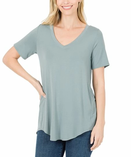 Coupon π Zenana Blue Gray V-Neck Curved-Hem Tee - π© Women π