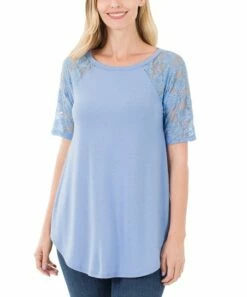 Cheap 🧨 Zenana Spring Blue Round Neck Lace Half-Sleeve Curved-Hem Tee - Plus ✔️