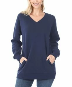 Cheapest ❤️ Zenana Navy V-Neck Side-Pocket Sweatshirt - 👩 Women 🤩