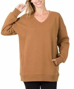 Deals 🔔 Zenana Dark Camel V-Neck Side-Pocket Sweatshirt - 👩 Women 👏