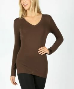 Cheapest 🔥 Zenana Brown Long-Sleeve V-Neck Long-Sleeve Fitted Tee - 👩 Women 🛒