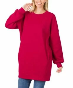 Buy 👏 Zenana Dark Red Crewneck Side-Pocket Oversize Sweatshirt - 👩 Women 🎉