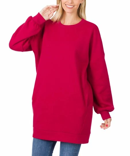 Buy π Zenana Dark Red Crewneck Side-Pocket Oversize Sweatshirt - π© Women π