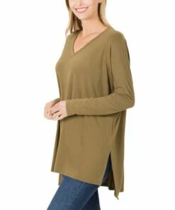 Coupon 🎁 Zenana Dusty Olive V-Neck Long-Sleeve Hi-Low Tunic - Plus 🔔