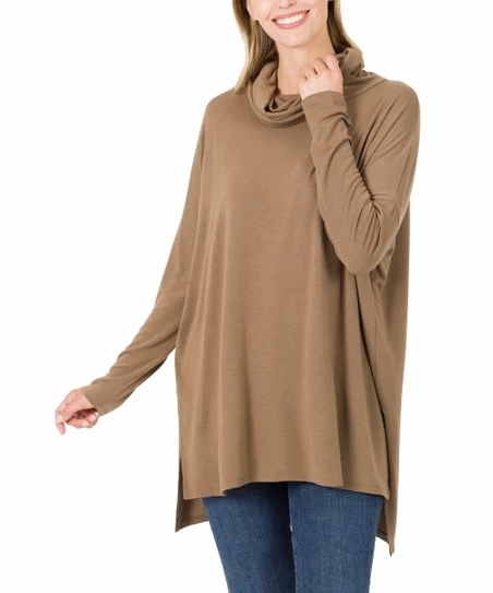 Best Pirce π₯° Zenana Mocha Cowl-Neck Long-Sleeve Side-Slit Hi-Low Tunic - π© Women & Plus π€©