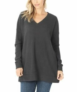 Coupon 🧨 Zenana Ash Gray V-Neck Waffle-Knit Top - 👩 Women ✔️