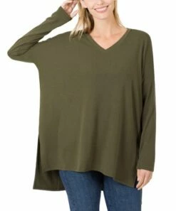 Cheap 😍 Zenana Dark Olive V-Neck Long-Sleeve Hi-Low Tunic - 👩 Women & Plus ❤️